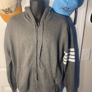 Thom Browne Charcoal Zip-Up Sweater with Signature Stripes